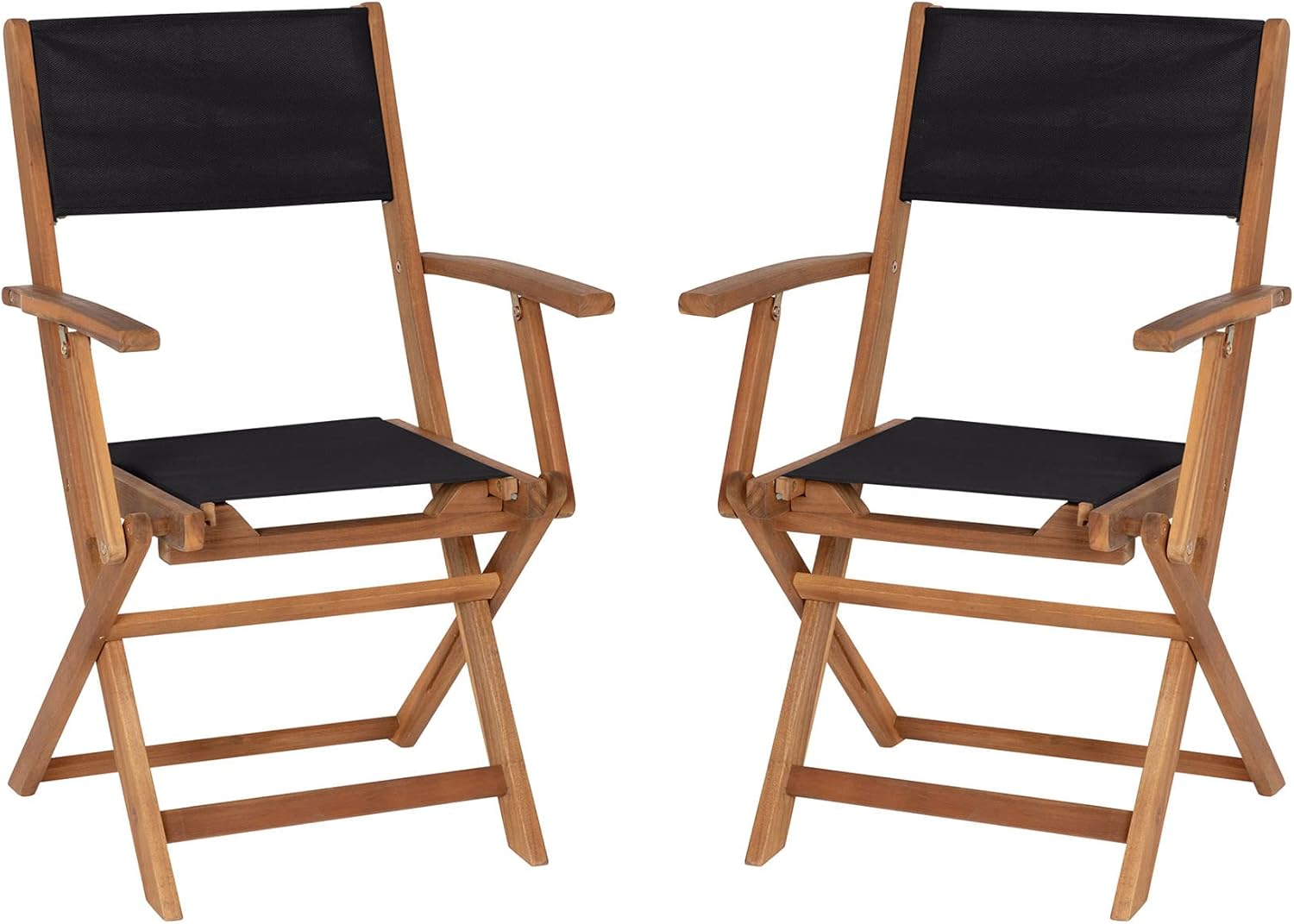 Flash Furniture Martindale Indoor/Outdoor Folding Acacia Wood Bistro Chairs - Natural Finish X Base Frame with Arms - Black Textilene Back and Seat