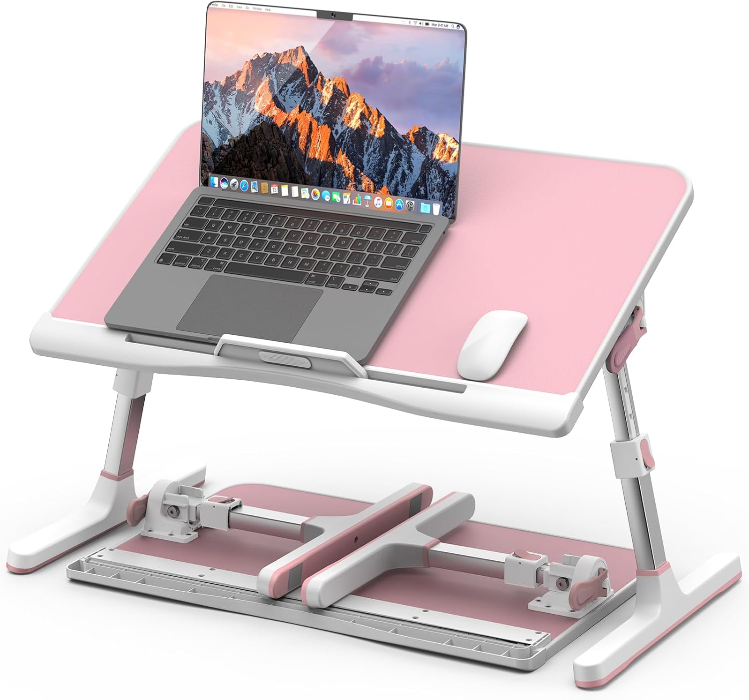Laptop Bed Table, Potuopy Leather Lap Desk Tray with Removable Stopper, Portable & Adjustable Bed Desk Table for Working Writing Drawing Eating, Pink & Grey
