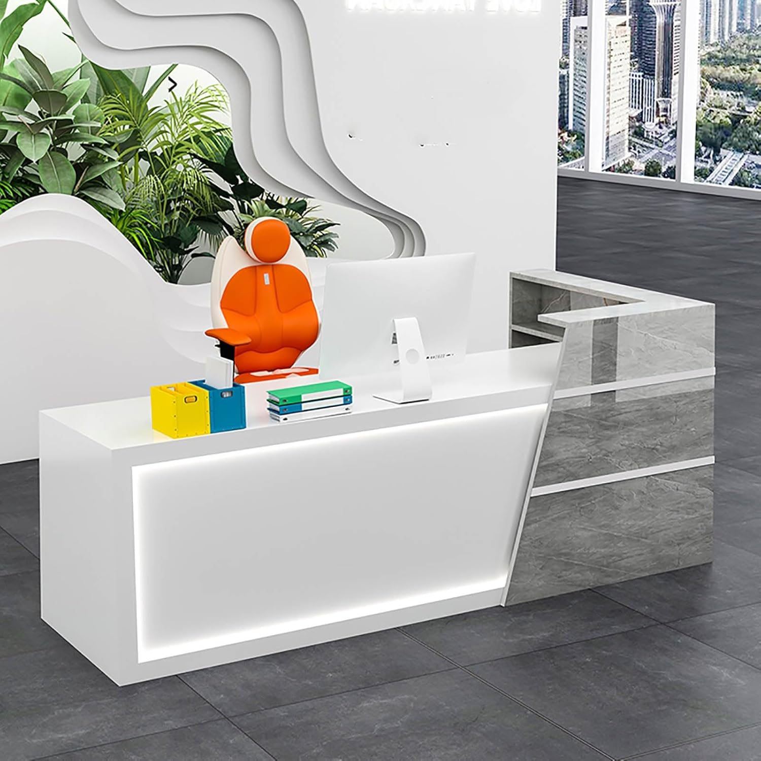 L-Shap front office reception desk with storage platform, LED-lit retail reception counter, Wooden reception desk for beauty salon, standing Retail Counter for Checkout, suitable for shops, offices(G-