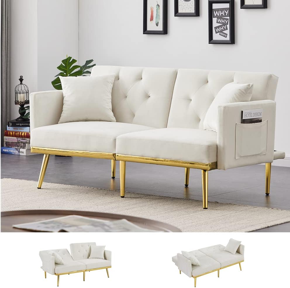 Velvet Convertible Futon Sofa Bed Upholstered Sofá Golden Metal Legs, Loveseat Couch Sleeper 2 Seating w/Adjustable Backrest for Home Living Room Bedroom Apartment and Dorm, White Side Pocket