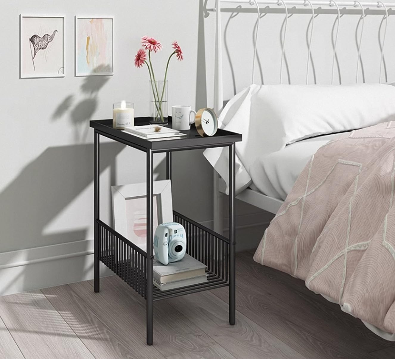 Square Side Table,Bedside Table Waterproof,Coffee Table with Matte Black Tray Top,4 Legs,Small Metal End Table for Bedroom,Living Room,Balcony,Outdoor(Black)