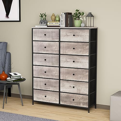 12-Drawer Dresser, 6-Layer Fabric Dresser for Bedroom, Tall Dresser & Chest of Drawers, Storage Organizer Unit w/Fabric Bins, Wood Top, Grey