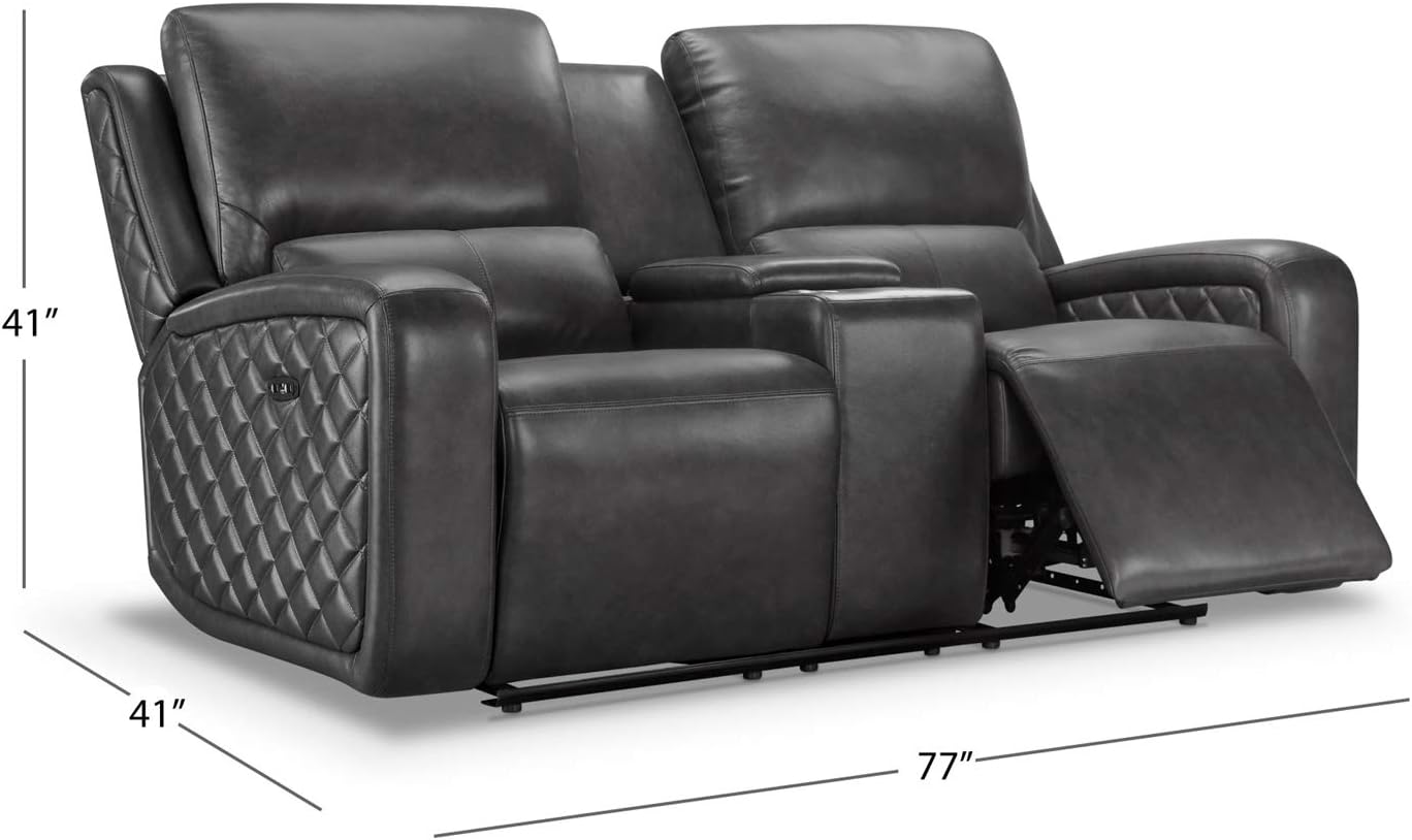 Abbyson Living Premium Top Grain Leather Upholstered Power Reclining Loveseat with Center Console, Grey
