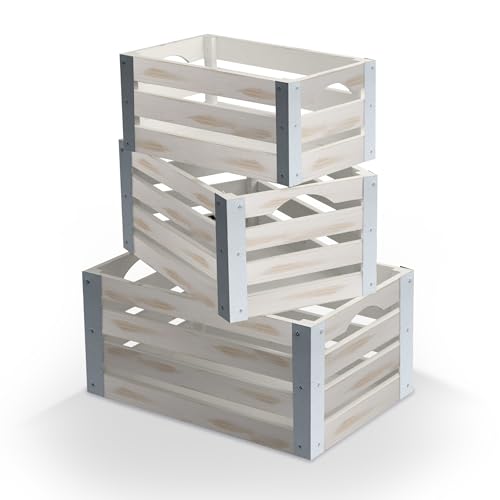 wald imports - Set of 3 Distressed White-Washed Wooden Crates for Storage - Decorative Wooden Crate Set for Home Decoration & Display - Vintage Storage for Household Goods
