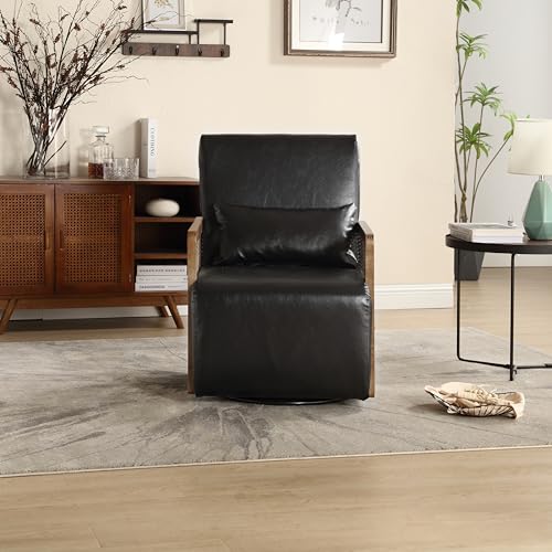 Swivel Accent Chair Sofa Chair - Mid-Century Modern Upholstered Armchair with Cushion Back, Rattan Handrail Vernon Chair for Living Room, Bedroom,Game Room, Home Office or Lounge (Black)