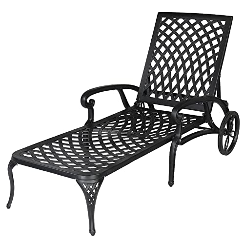 Metal Lounge Chairs for Outside, Chaise Lounge Outdoor Cast Aluminum with Adjustable Backrest and Moveable Wheels for Poolside Backyard Patio (Black)