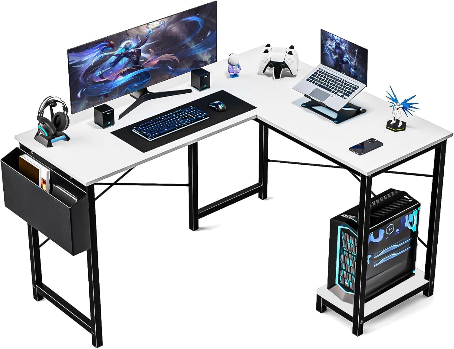L Shaped Computer Gaming Desk, 50 Inch Corner PC Wooden Table with CPU Stand Side Bag Reversible, Small Space Study Writing Desk for Home Office, Bedroom, White