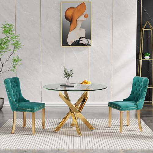 Henf 5 Piece Round Glass Dining Table Set, Tempered Glass Kitchen Dining Table Set for 4 Circle Kitchen Table and Chairs Set with 4 Blue Velvet Upholstered Chairs for Kitchen Dining Room Small Space