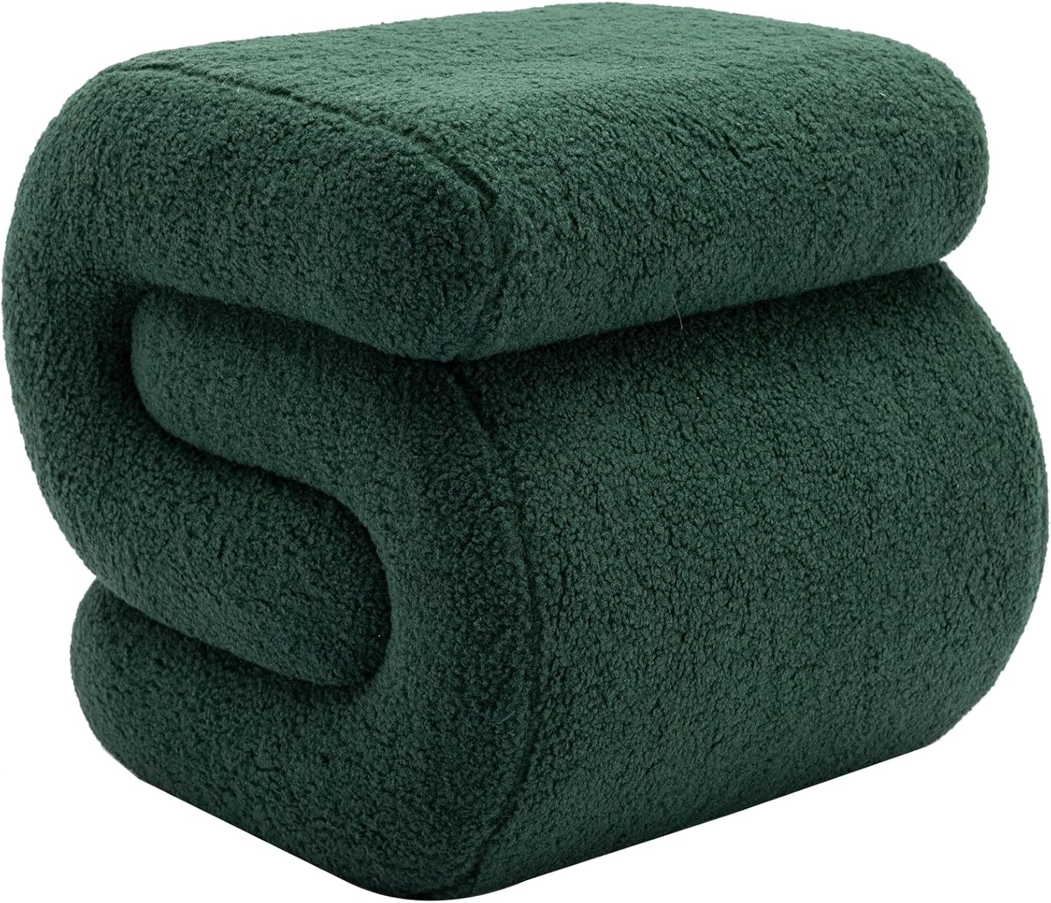 LETESA Modern Teddy Fabric Upholstered Ottoman, Exquisite Small End Table, Soft Foot Stool with S-Shape, Dressing Makeup Chair, Comfortable Seat for Living Room, Bedroom (Green Teddy, S-Shape)