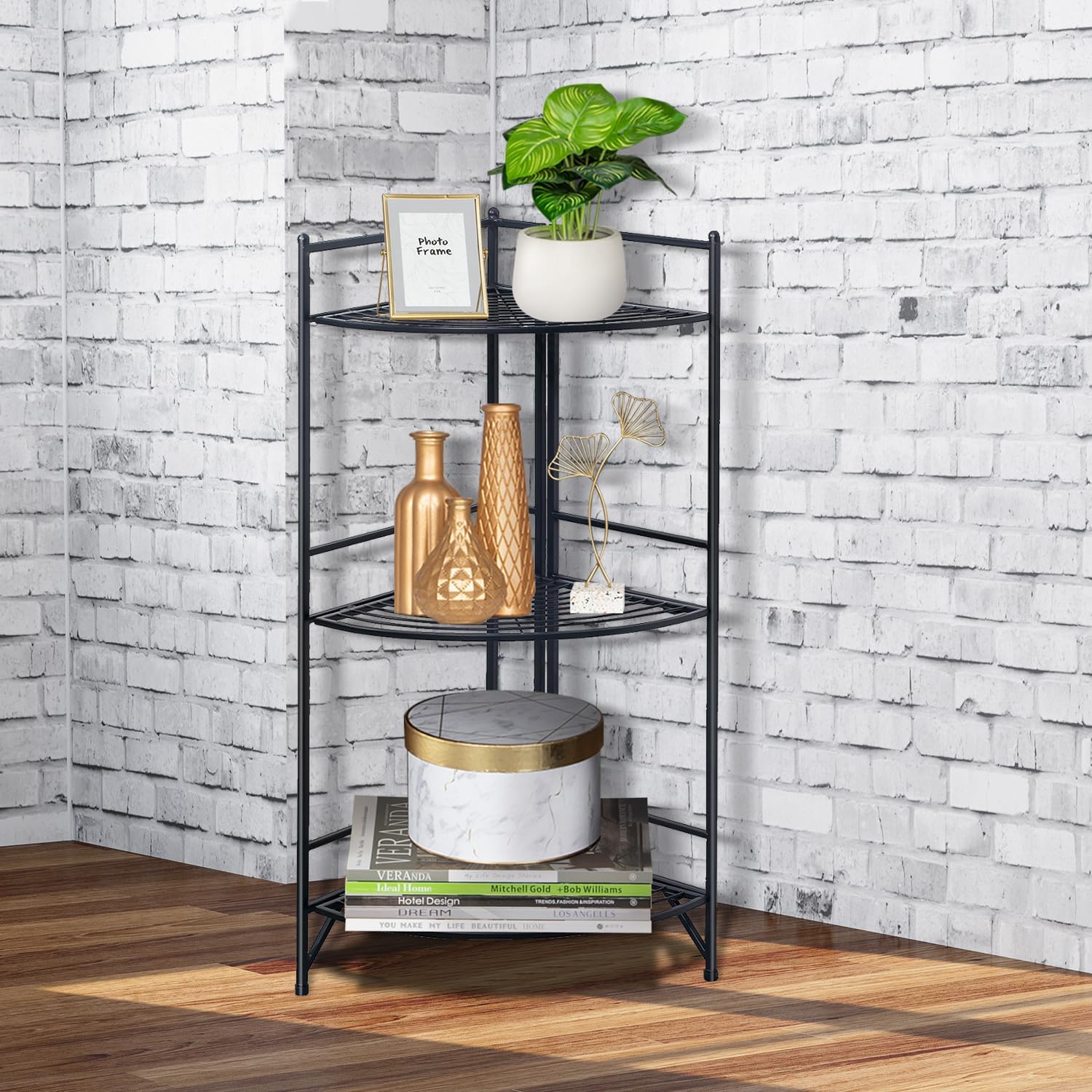 Metal Corner Shelf Shelving Unit, Foldable Metal Garage Shelving Units, Folding Organizer Rack Folding Metal Shelving Book Shelf for Storage & Display in Living Room, Bathroom for The Kitchen Corner