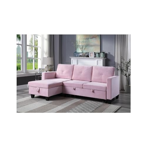 Boldly Bohemian Velvet Reversible Sleeper Sectional Sofa with Storage Chaise and Side Pocket Pink