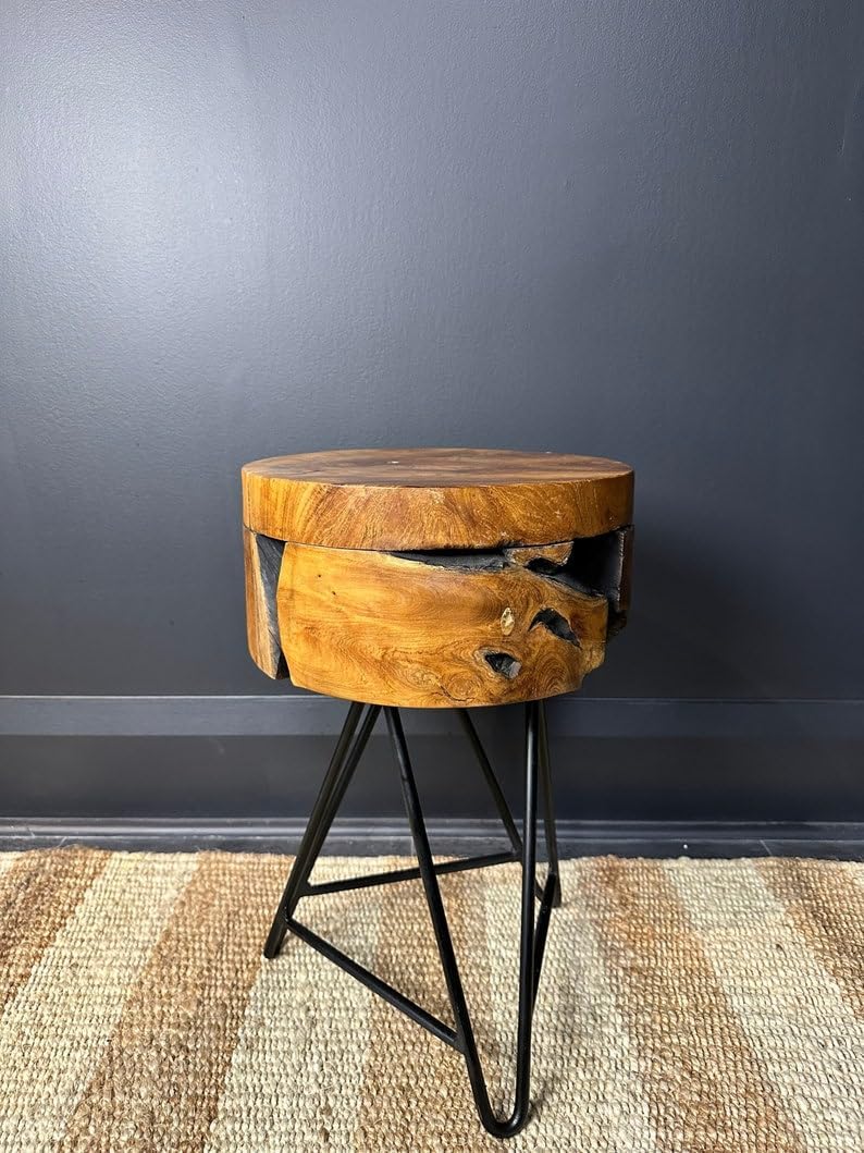 Teak Round Live Edge Table, Wooden Side Table, Pin Legs, Modern Rustic End Table