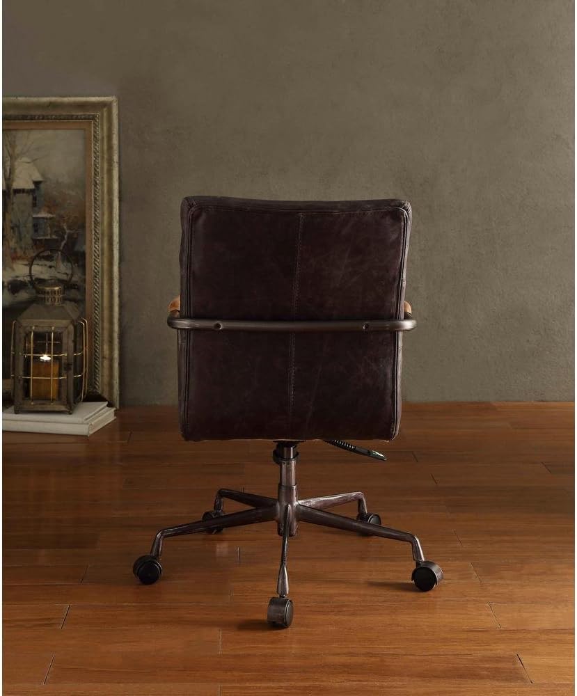 Antique Ebony Top Grain Leather Swivel Executive Office Chair with Casters and Metal Framed Armrests