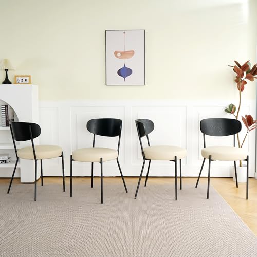 Dining Chairs Set of 4, Modern Upholstered PU Leather Chairs with Walnut Curved Backrest and Metal Legs, Round Kitchen Chairs for Dining Room, Living Room
