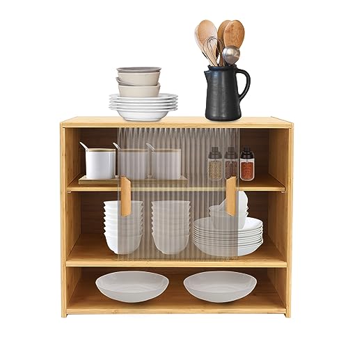 Small Bamboo Kitchen Pantry Sideboard Freestanding Countertop Storage Cabinet Multi Functional Display Storage Cabinet for Bottles Dish Bowl (Log-colored, 21.6*11*18.1in Sliding Striped Doors)
