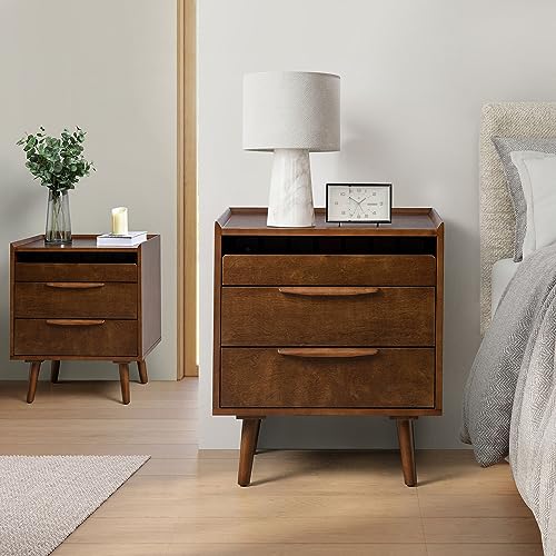 HULALA HOME 3 Drawer Nightstand with Charging Station, Mid-Century Modern Bedside Tables with Wood Legs, Wood End Table Night Stand with Pull-Out Shelf Set of 2, Walnut