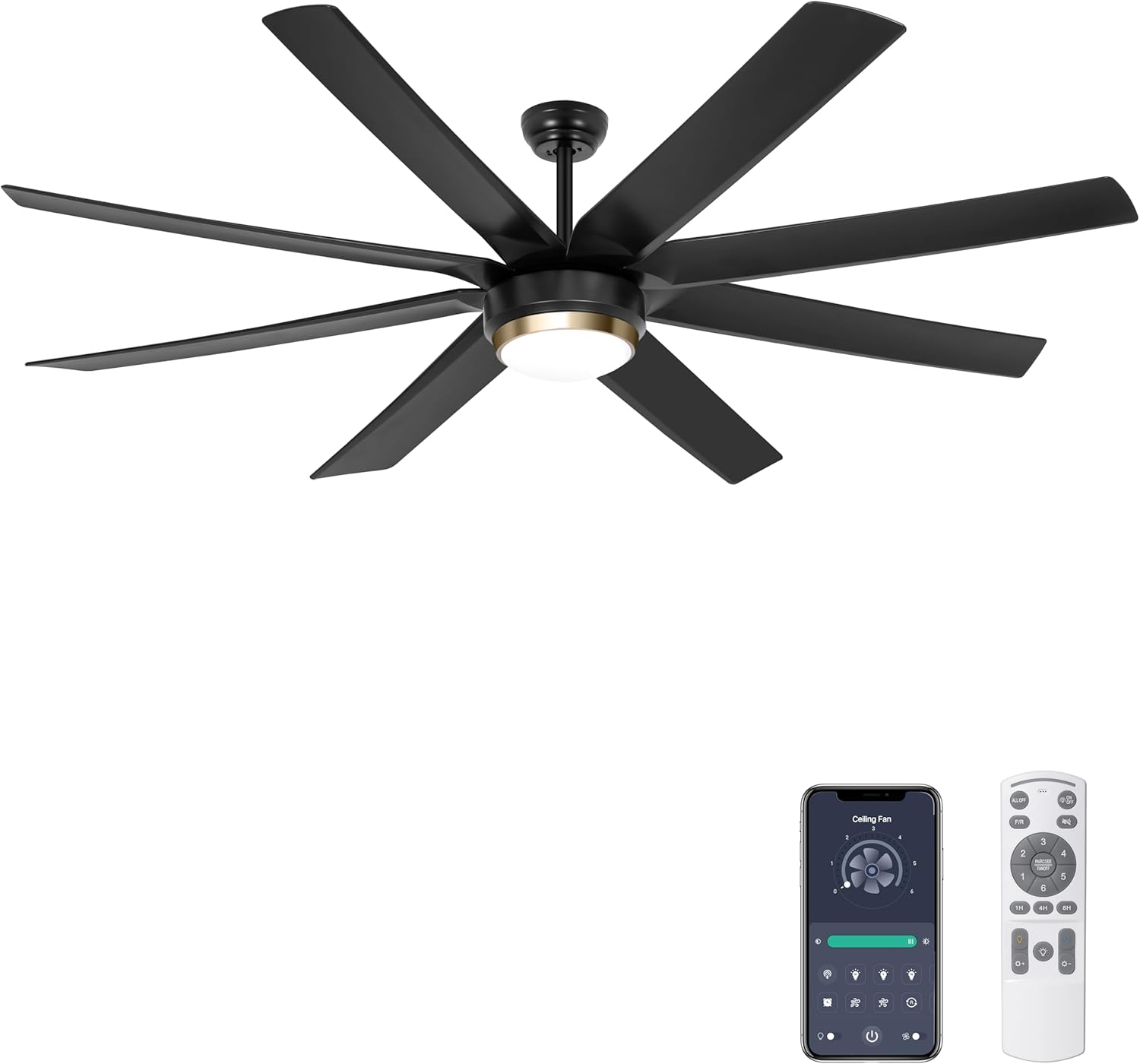 Ohniyou Ceiling Fan with Light - 70 Inch Indoor Outdoor Large Ceiling Fan with Remote Control, Reversible DC Motor, Dimmable, Black Modern Industrial Ceiling Fan for Living Room Patio