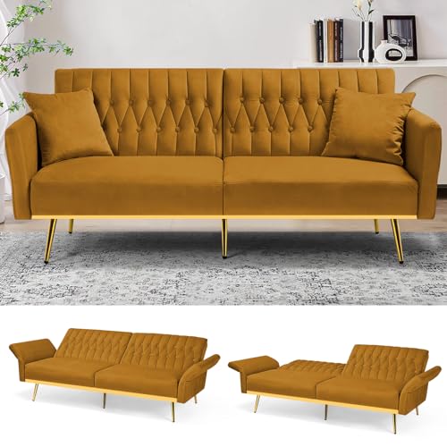 70” Velvet Futon with Adjustable Backrest and Armrests, Sofa Bed with with Extra Pillows for Waiting Room, Living Room and Office, Olive Green