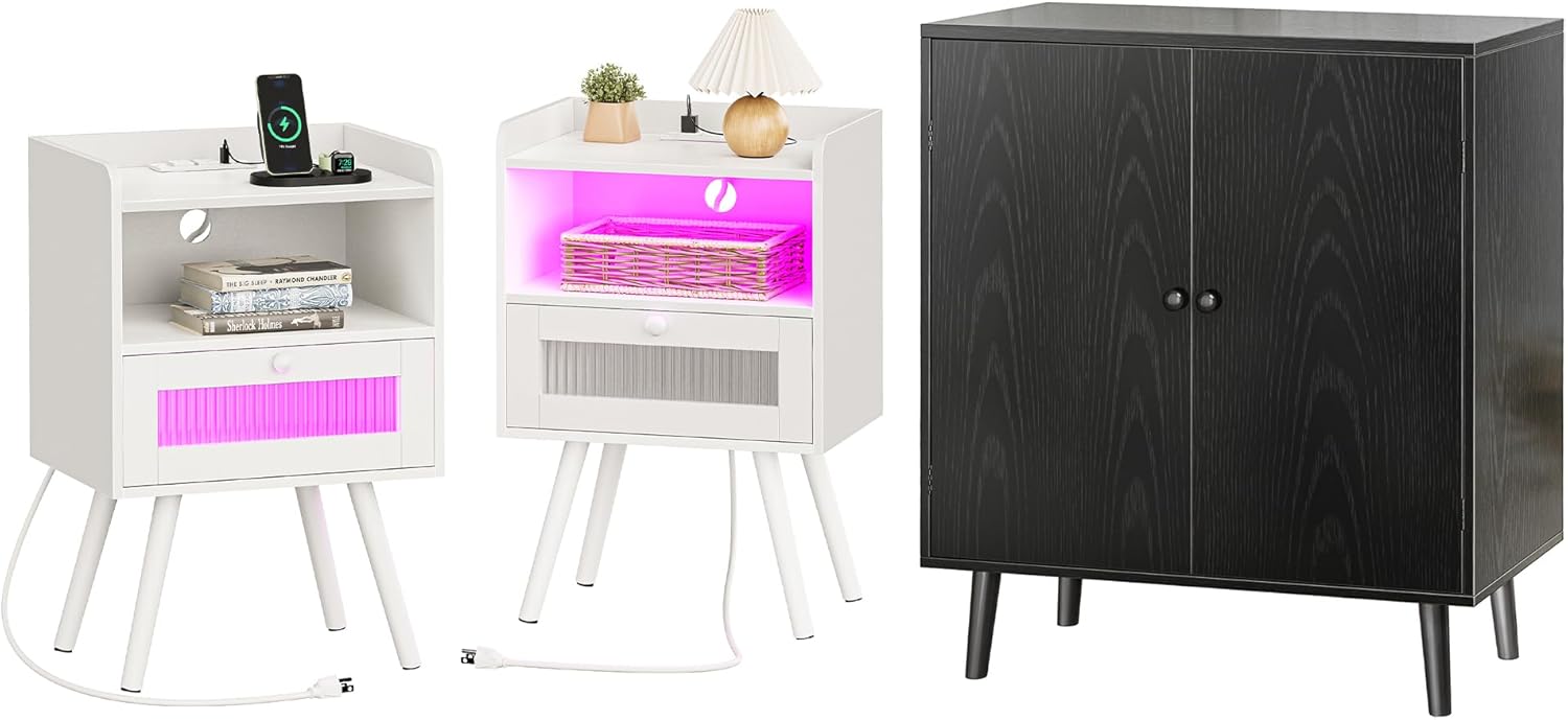 Night Stand Set of 2, Nightstand with Charging Station and LED Light Strips and Drawer, Buffet Cabinet with Storage, Storage Cabinet with 2 Doors, White and Black