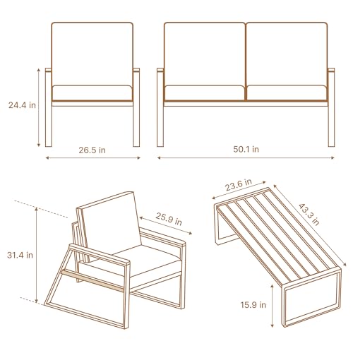 Gizoon 4-Piece Outdoor Patio Furniture Sets, Patio Conversation Set with Removable Seating Cushion, Courtyard Patio Set for Home, Yard, Poolside (Grey)