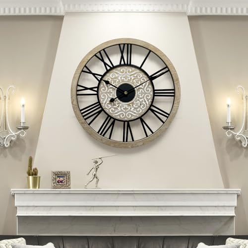 Large Farmhouse Wall clock for Living Room Decor,24 in Round Carved Wooden Wall Clock,Rustic Silent Non-Ticking Decorative Wall Clocks for Bedroom/Kitchen/Entryway/Offcie/Dining Room