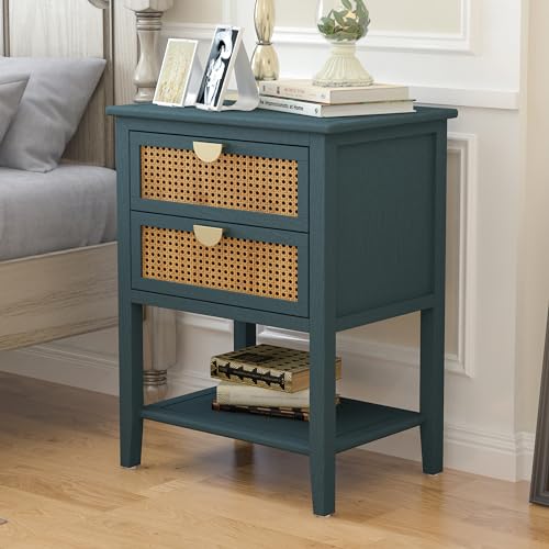 2 Drawer Side table Wood Rattan Nightstand for Bedroom, Farmhouse Naturel Rattan End table 2 Drawer Nightstand with Metal Handles, Storage Side table for Bedroom Living Room Small Place (Light Green)