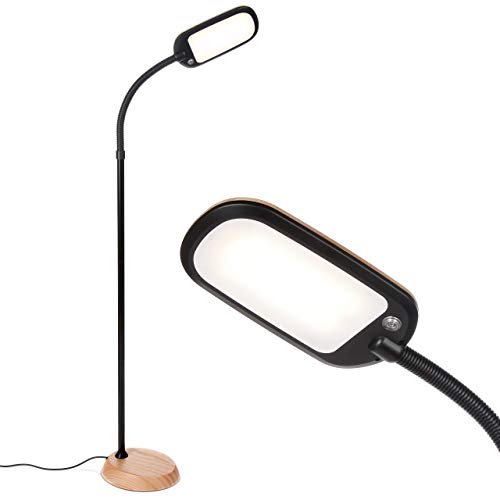 Brightech Litespan Slim LED Lamp, Modern Floor Reading Lamp Over Chair for Living Rooms & Offices, Tall Lamp with Adjustable Gooseneck, Crafts Work Light, Dimmable Standing Lamp for Bedroom - Wood
