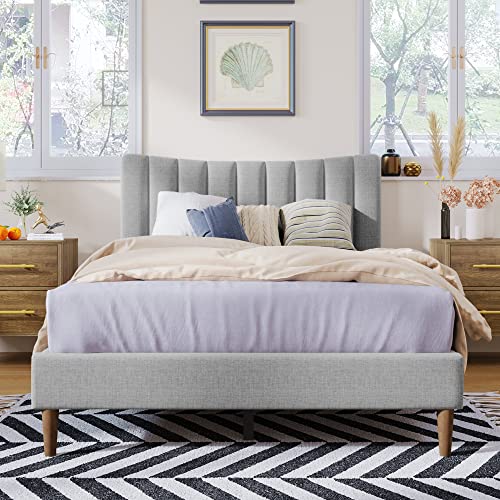 Modern Queen Size Upholstered Bed Frame with Vertical Channel Tufted Headboard, Linen Bed Frame Queen Platform Bed for Bedroom Guest Room w/Solid Wood Slat Support, No Box Spring Needed (Cream, Queen)