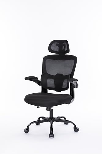 Breathable Mesh Computer Chair with 3D Adjustable Lumbar Support, High Back Desk Chair with Flip-up Arms, Executive Computer Chair Home Office Task Swivel Rolling Chairs for Adults (Cream)