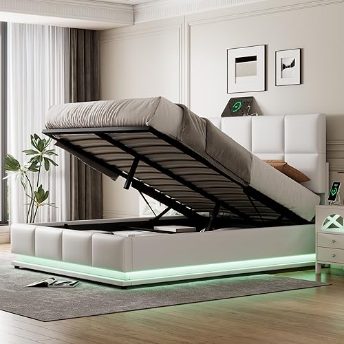Tufted Upholstered Platform Bed with Hydraulic Storage System,Full Size PU Storage Bed with LED Lights&USB Charger,Space Saving,for Bedroom Apartment,White