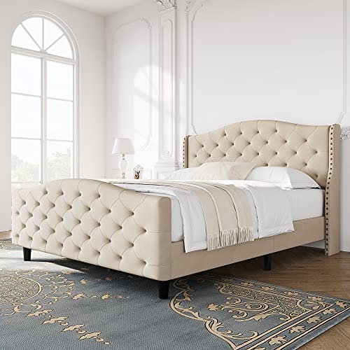 Tufted Upholstered Platform Queen Bed Frame with Headboard and Footboard, Velvet Platform Bed Raised Wing Back Headboard (Beige, Queen)