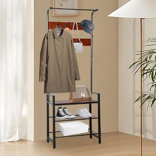 Coat Rack, Entryway Hall Tree with Shoe Bench, 3-in-1 Design Coat Rack Shoe Bench with 14 Hooks and 3-Tier Shelves, Freestanding Coat Tree for Living Room, Bedroom. (white)