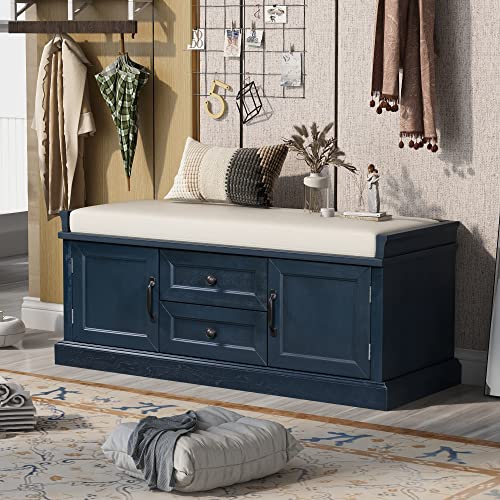 P PURLOVE Farmhouse Storage Bench for Entryway,Wood Storage Benches with Adjustable Shelves,Shoe Bench with Storage and Removable Cushion for Entryway,Antique Navy