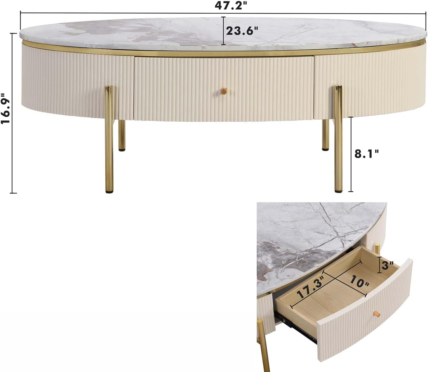 Oval Coffee Table with 2 Large Drawers, Modern Coffee Table with Faux Marble Table Top, Accent Center Table with Gold Legs for Living Room, White