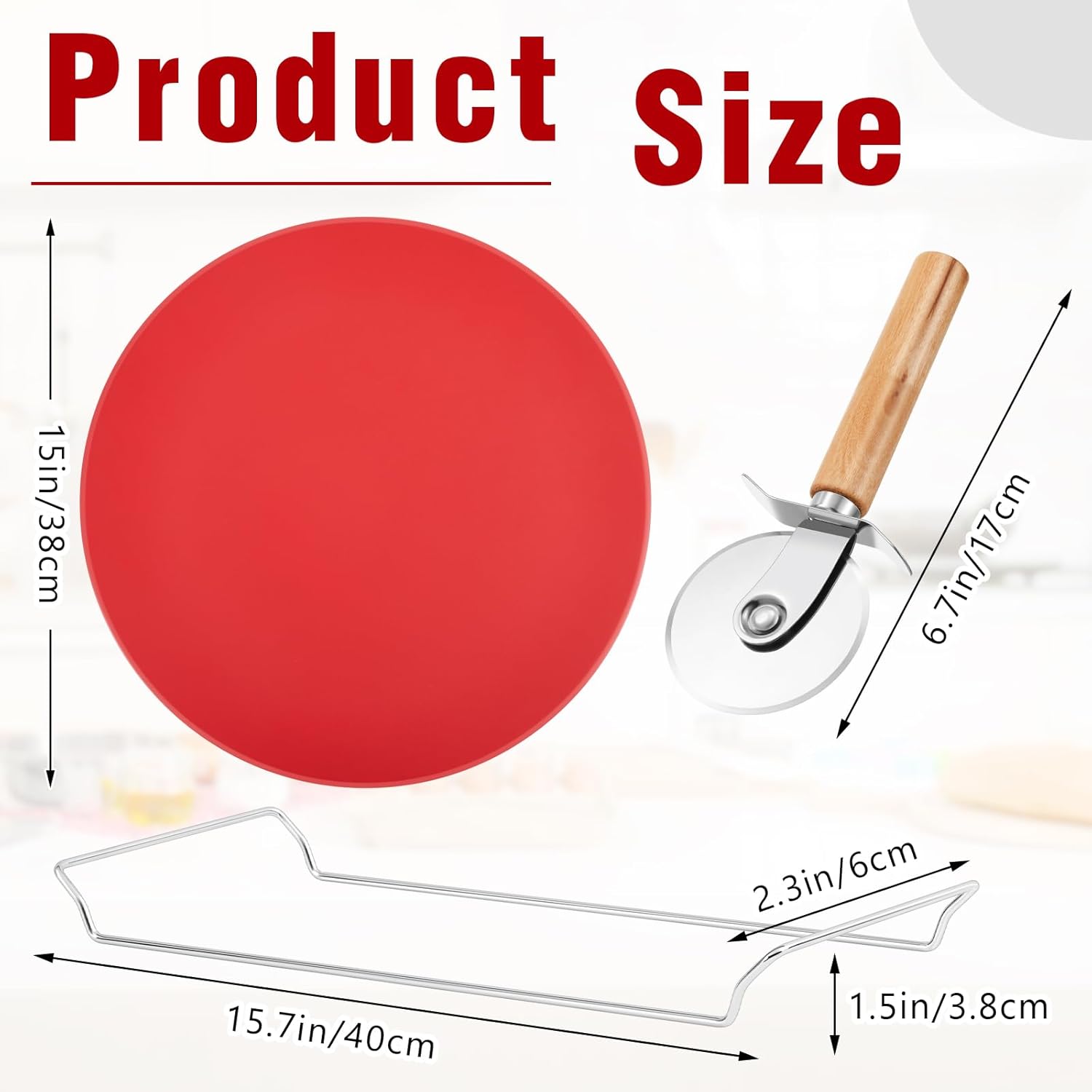 3 Pcs 15 Inch Pizza Stone Set with Cutter Wheel and Metal Serving Rack, Compact Portable Cordierite Baking Stone Easy Storage Grilling Stone for Oven Grill BBQ, Red