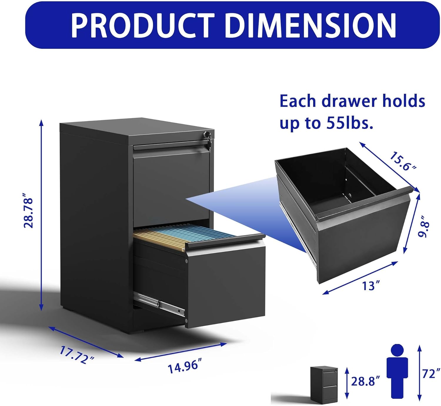 2 Drawer Metal Vertical File Cabinet with Lock Office Home Steel Vertical File Cabinet for A4 Legal/Letter Size (Black)