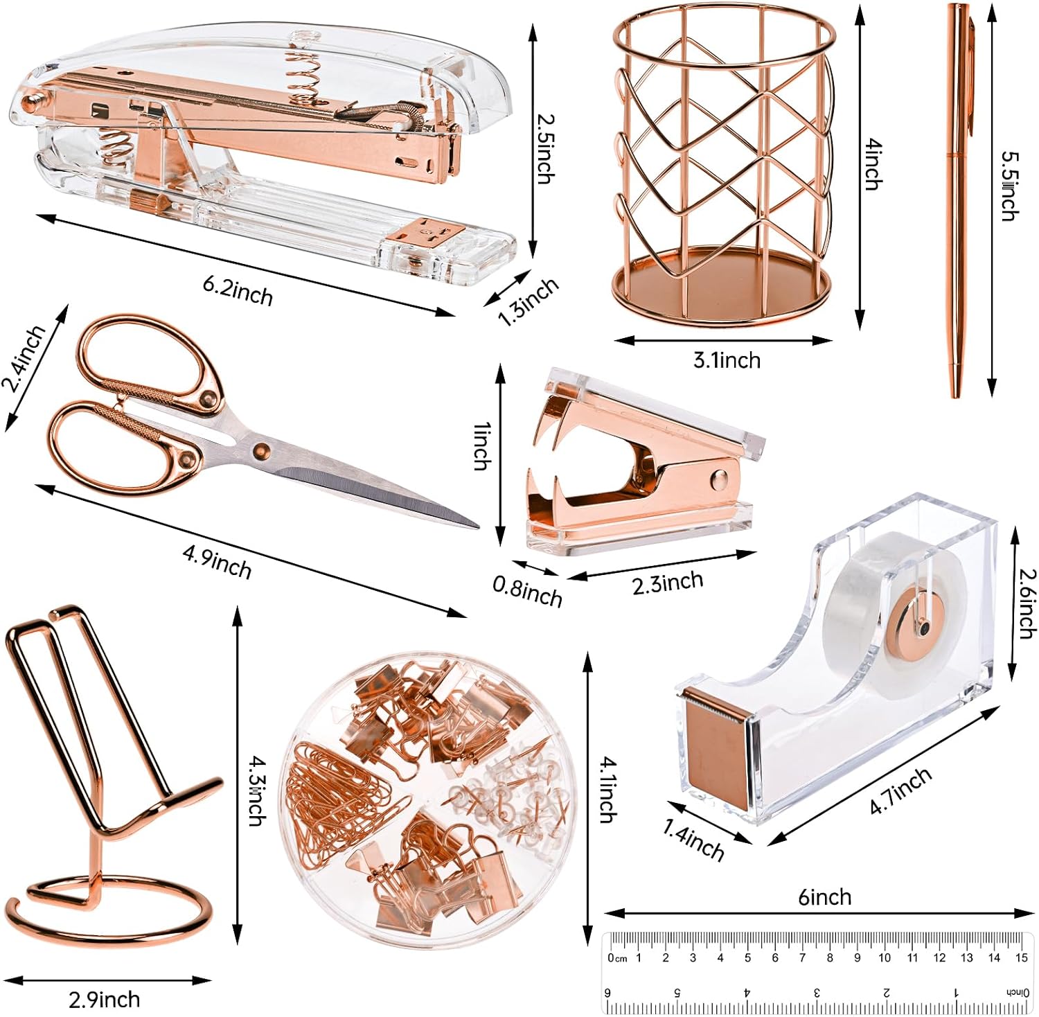 EOOUT Rose Gold Office Supplies Set Desk Combo Set, Acrylic Stapler Set and Mesh Desk Organizer with File Shelves, 5-Layer Paper Tray Organizer for School Home Office Supplies (Rose Gold)