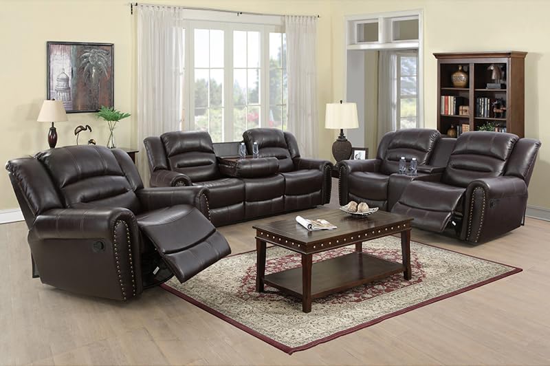 Living Room Furniture Sets, 3 Pieces Manual Sectional Recliner Include Three Seater Sleeper Sofa/Loveseat/Armchair, Leather Couch with Drop Down Table & 2 Cup Holder, Home Theater Seating