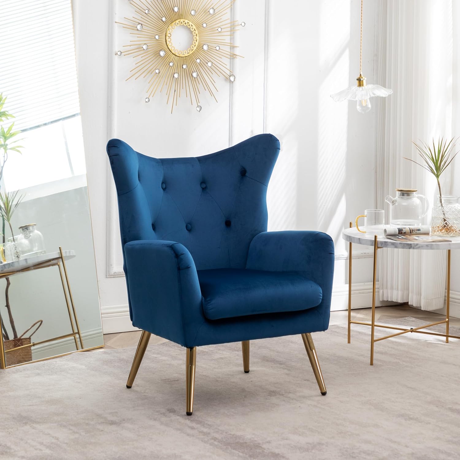 Sovarol Velvet Button-Tufted Wing Back Accent Chair, Blue