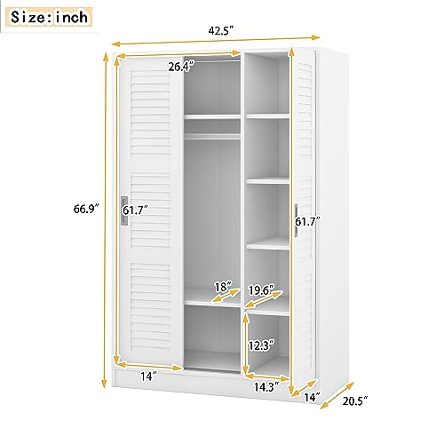 Modern 3-Door Wardrobe Closet with Adjustable Shelves and Sliding Shutter Door, Wood Armoire Wardrobe Closet Bedroom Dresser Wardrobe Clothes Organizer with Hanging Rod, Easy Assembly (White-3A)