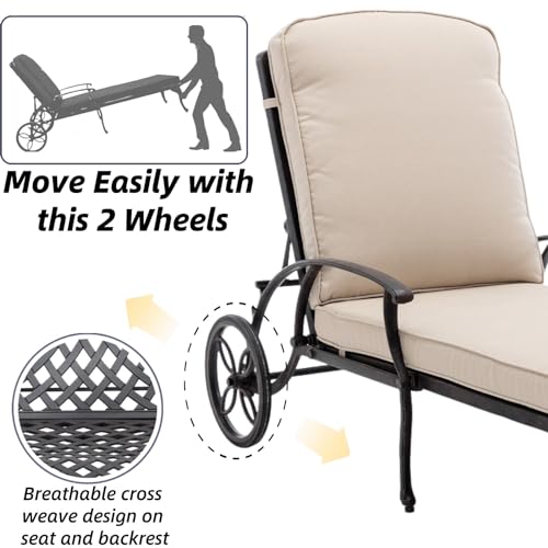 Chaise Lounge Outdoor Chair with Side Table, Adjustable Reclining Rust-Resistant Aluminum Cast Poolside Chaise with Convenient Wheels, Outdoor Lounge Furniture Set of 3, (Beige)