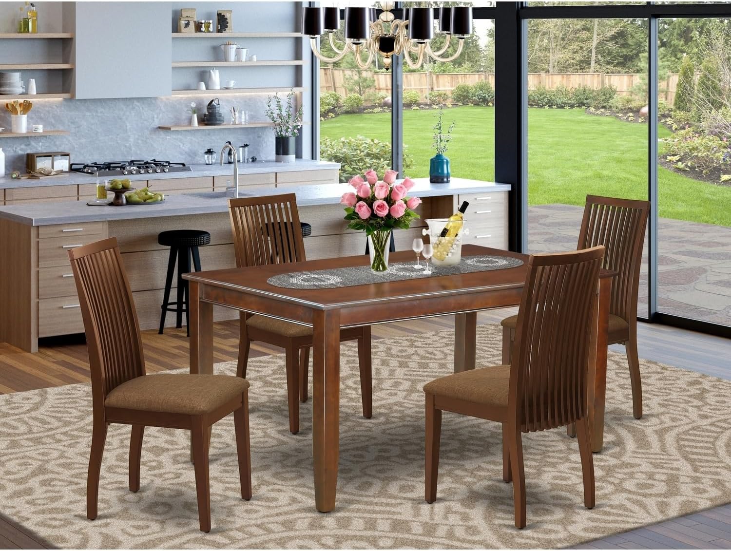 Retro Revival 5Pc Dining Set Includes A Rectangle Dining Table and Four Linen Seat Dining Chairs, Mahogany Finish