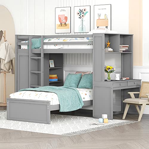 Twin Size Loft Bed with Desk and Wardrobe, Wood Loft Bed Frame with Storage Shelves and A Stand-alone Bed, Twin Over Twin Bunk Bed Frame for Kids Teens Adults (Bottom Bed Can Be Moved, Gray)