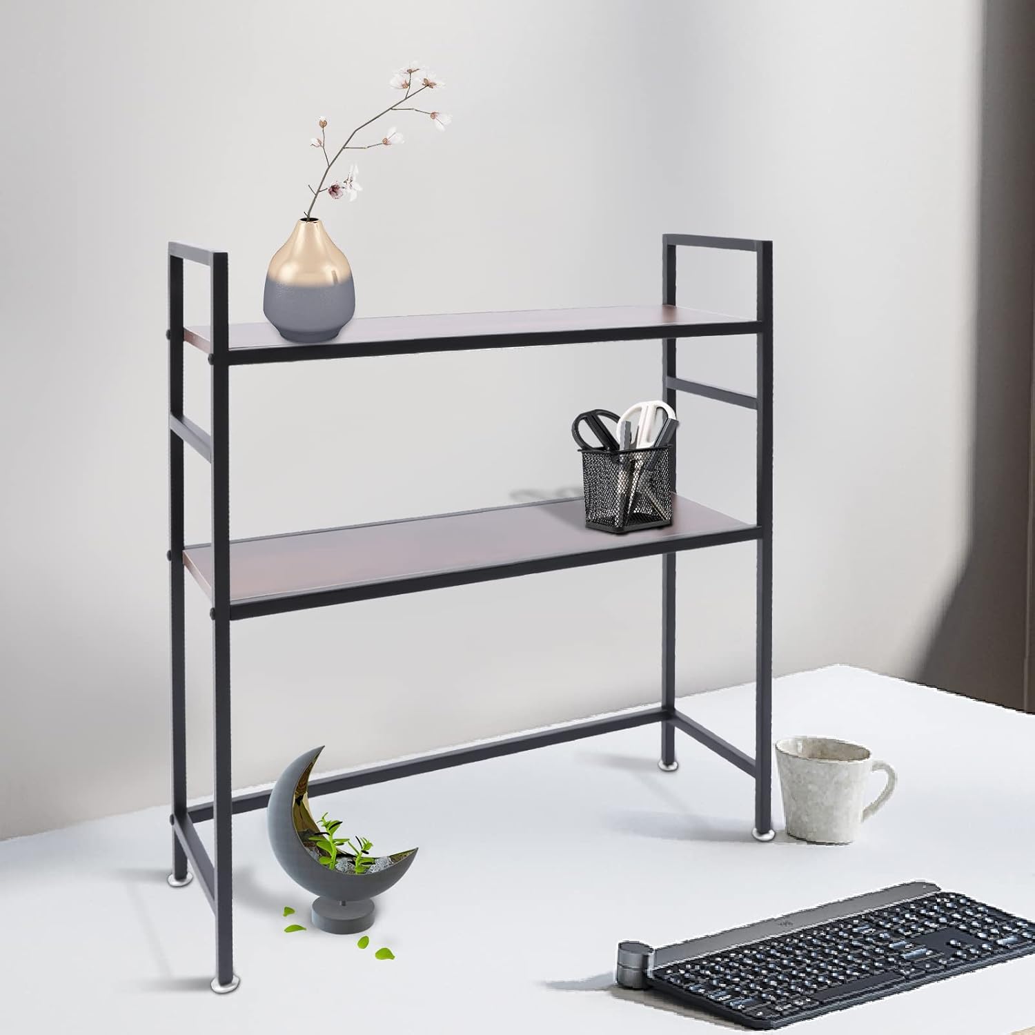 Computer Desktop Bookcase, 2-Tier Desk Hutch, Multipurpose Countertop Storage Hutch, Adjustable Wood Rack Organizer for Home Dorm Office Supplies