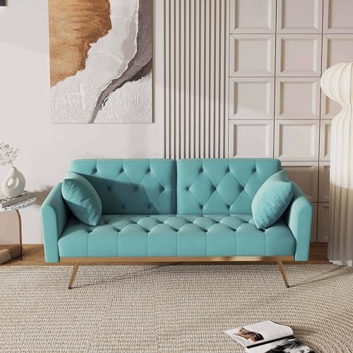 Convertible Sofa Bed Comfy,Futon Couch Sofa Bed with Adjustable Split Backrest,2 Pillows and Arms for Living Room and Office (Baby Blue)