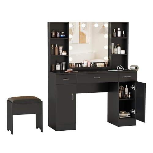 Vabches Vanity Mirror with Lights, Big Makeup Vanity Table Set with Comfortable Bench and Side Cabinets, Lots Storage, 45.2inch, White (Casual)