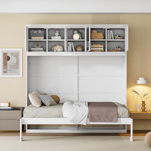 Full Size Murphy Bed with Storage Top Cabinets, Classics Cube Bed Frame with New Pneumatic Lift and Wooden Slat Support, Space Saving Design, Ider for Guest Room or Home Office, White