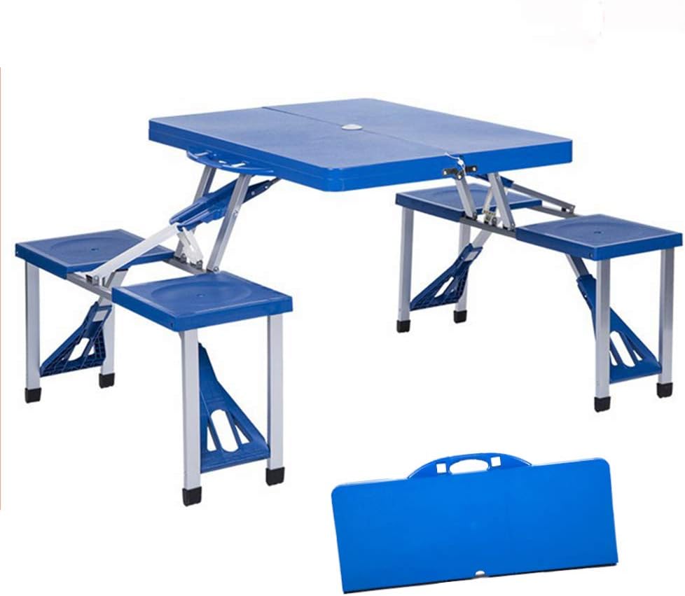 Outdoor Portable Folding Picnic Siamese Table and Chairs Set 4-Person Picnic Folding Table 4 Seats Indoor Suitcase Table Hole with Parasol for Indoor Outdoor Travel Camping