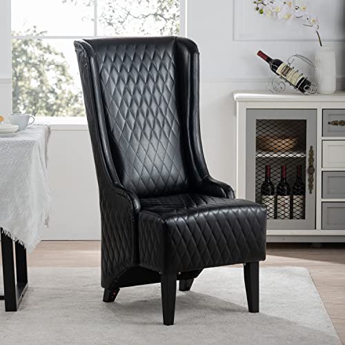 Modern High Back Chair, 46 Inch Height Accent Chair PU Upholstered Side Chair with Fabric Wingback and Wood Legs, Leisure Armchair for Living Room Bedroom, Easy Assembly, Black