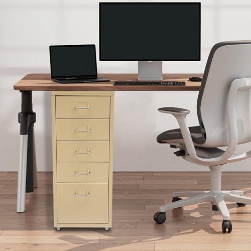 28 Inch Metal File Storage Cabinet,5 Drawers Freestanding Office File Cabinet Drawer Organizer with Wheels, Mobile Vertical Storage Cabinet for Bedroom Living Room Office Study (Blue)